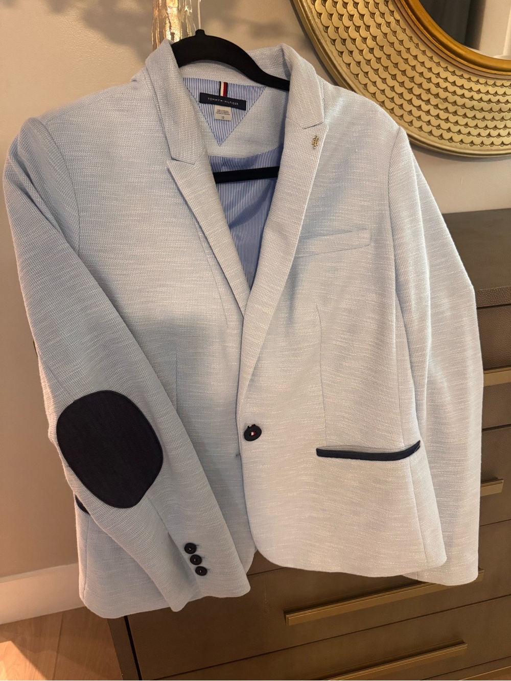 Tommy Hilfiger Light Blue Women's Blazer with Navy Elbow Patches